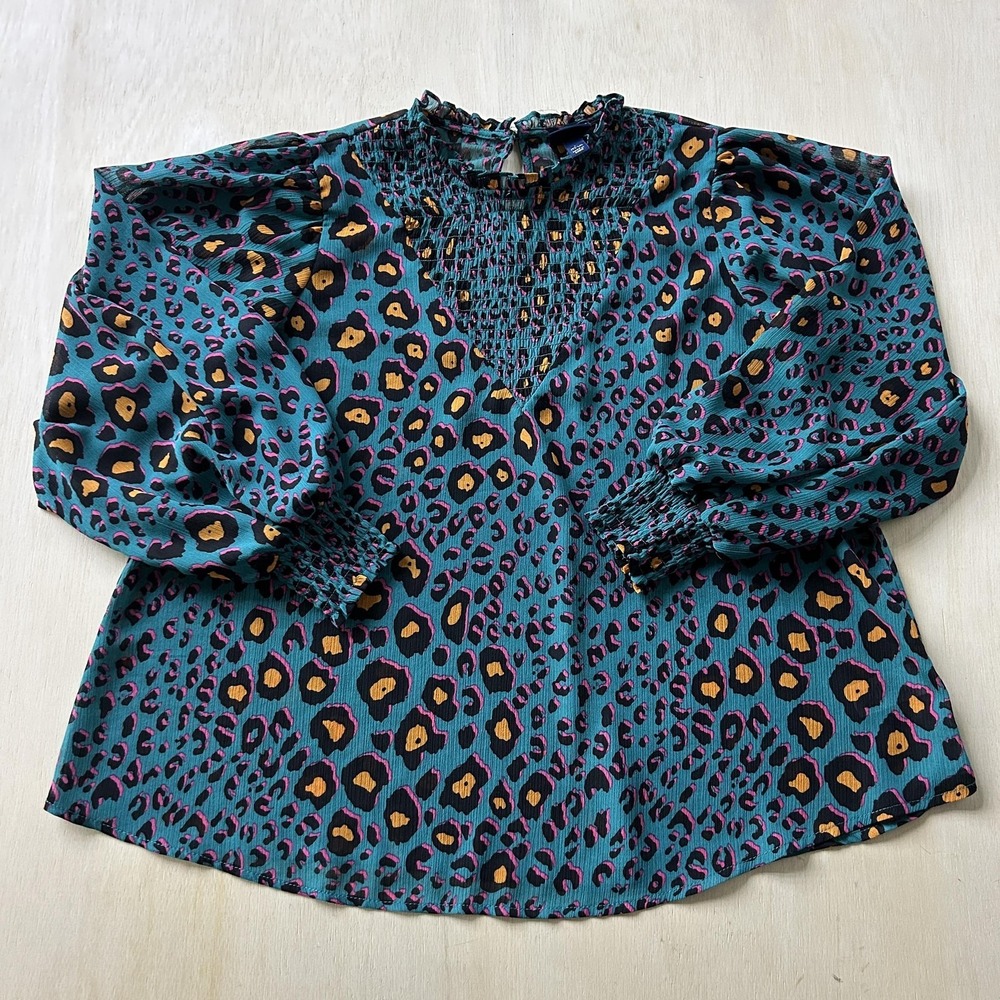 Scoop Blouse Girls 12-14 Green Animal Print High Neck Long Sleeve Ruffle Smocked
